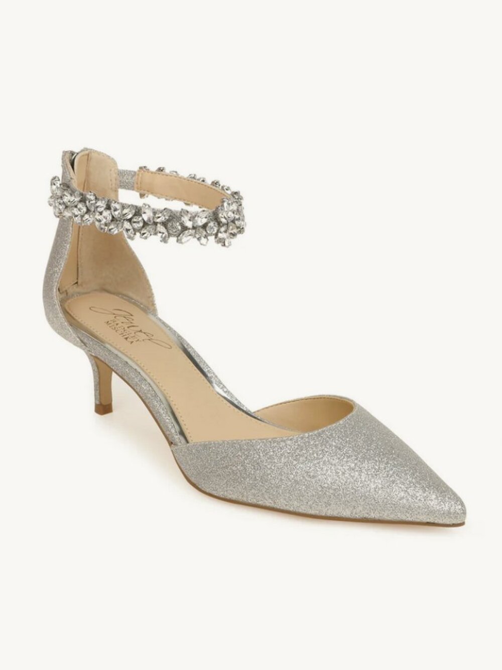 Badley Mischka Kitten Heel - Silver Glitter - Robles Crystal Embellished